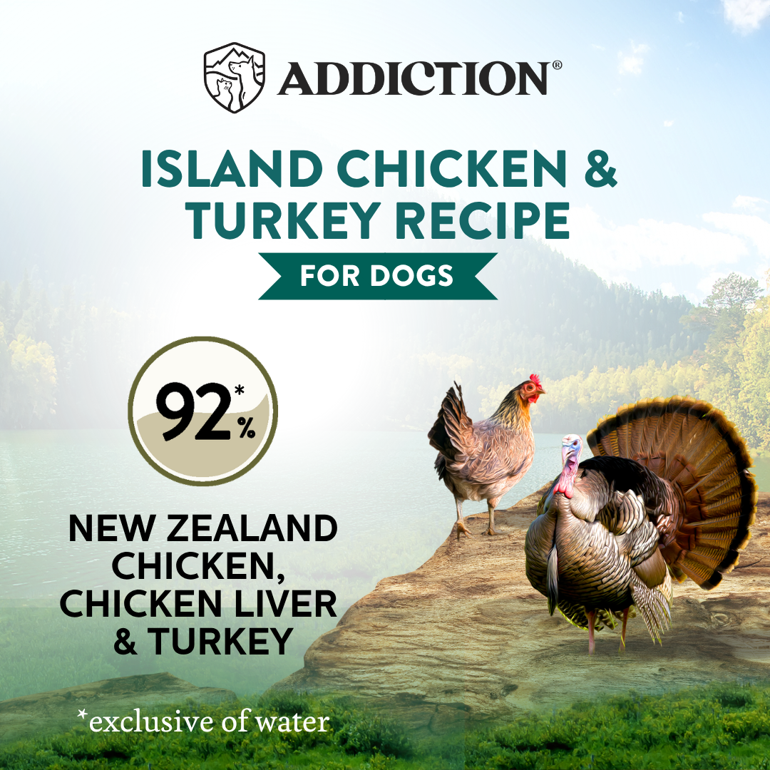 Advertisement for Addiction Island Chicken & Turkey Recipe for dogs with two birds on a wooden platform.