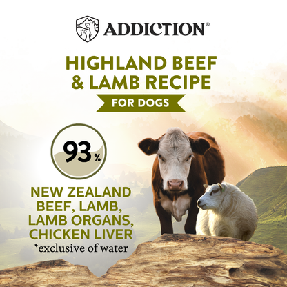 Advertisement for Highland Beef & Lamb Recipe dog food with a cow and sheep in a New Zealand landscape.