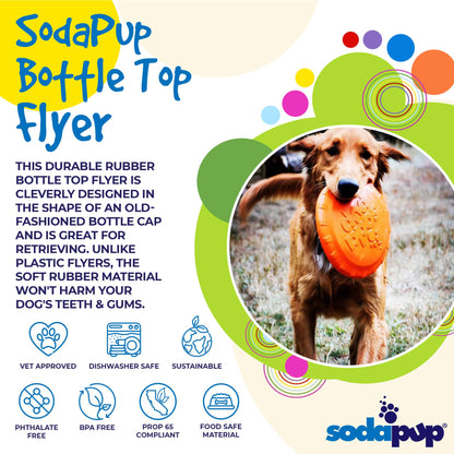 SodaPup bottle top flyer with a dog holding a frisbee, featuring product details and branding.
