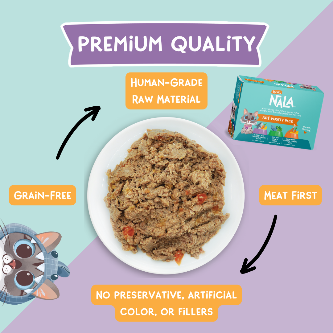 Cat food on a plate with NALA brand packaging, highlighting premium quality attributes.