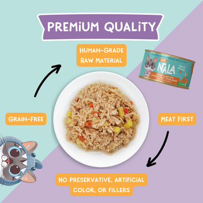 Cat food dish with text highlighting premium quality, human-grade raw material, grain-free, meat first, no preservatives, artificial color, or fillers.