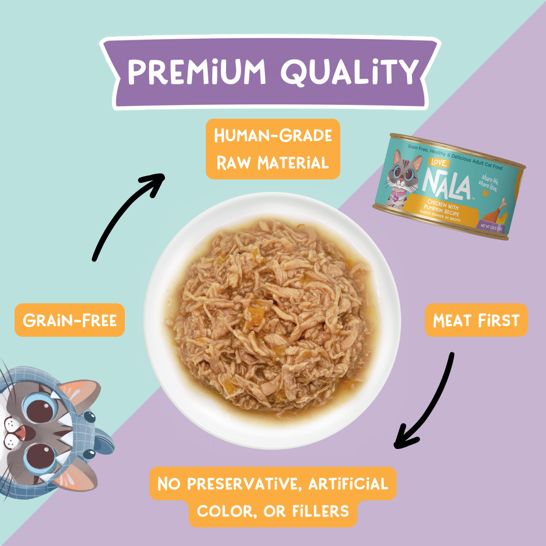 Cat food in a bowl with NALA brand can on a colorful background, emphasizing premium quality attributes.