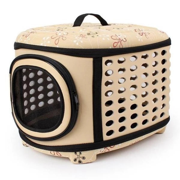 Beige pet carrier with floral patterns on a white background