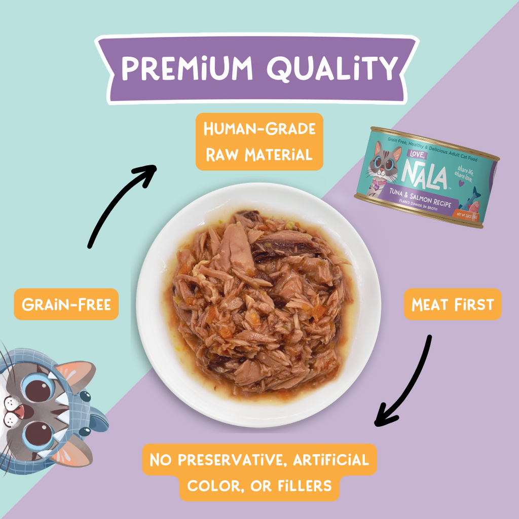 Cat food on a plate with NALA cat food can and text highlighting quality attributes on a colorful background
