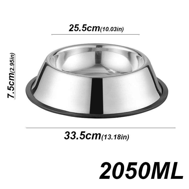 Stainless steel dog bowl with dimensions and capacity label on a white background
