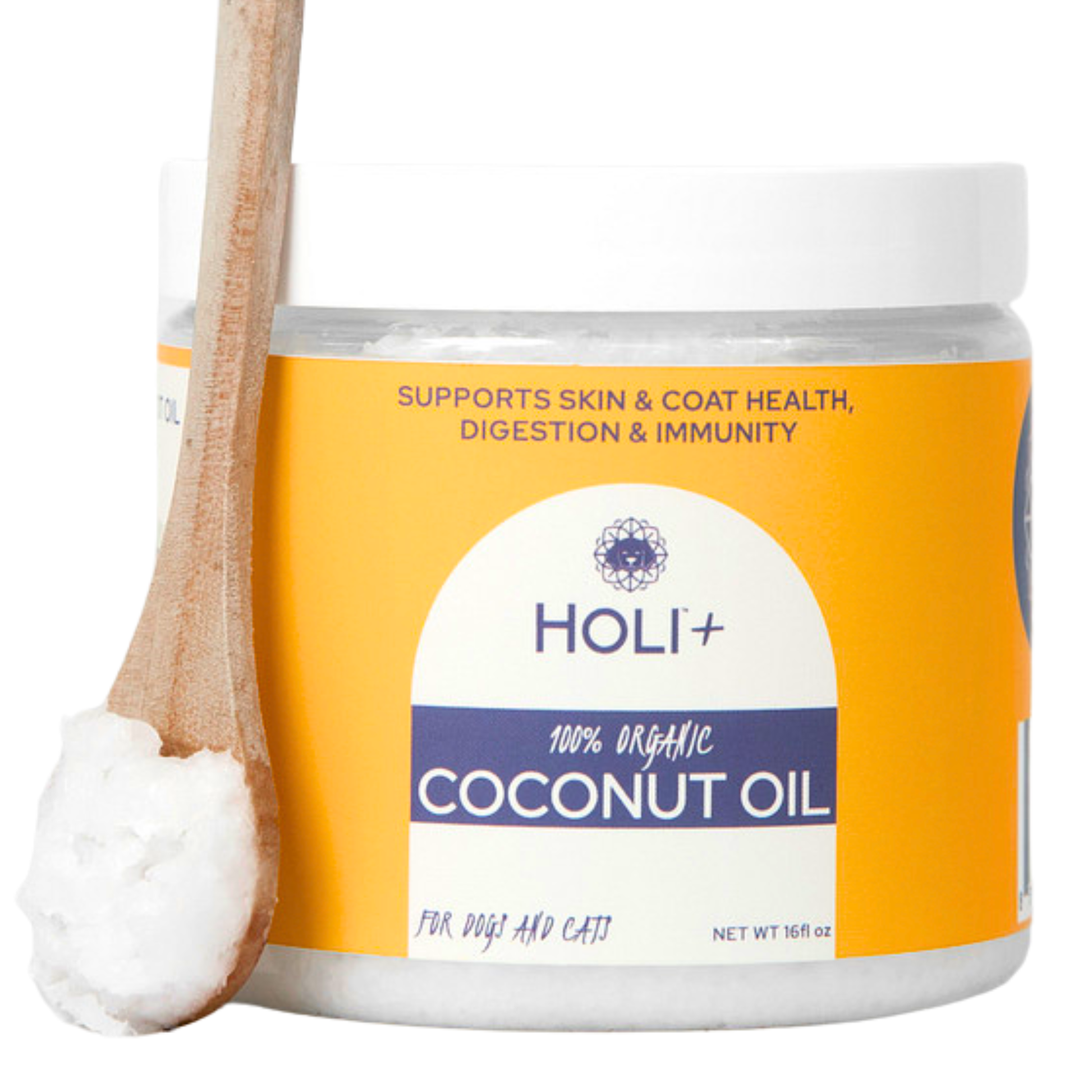 HOLI+ coconut oil jar with a wooden spoon on a white background