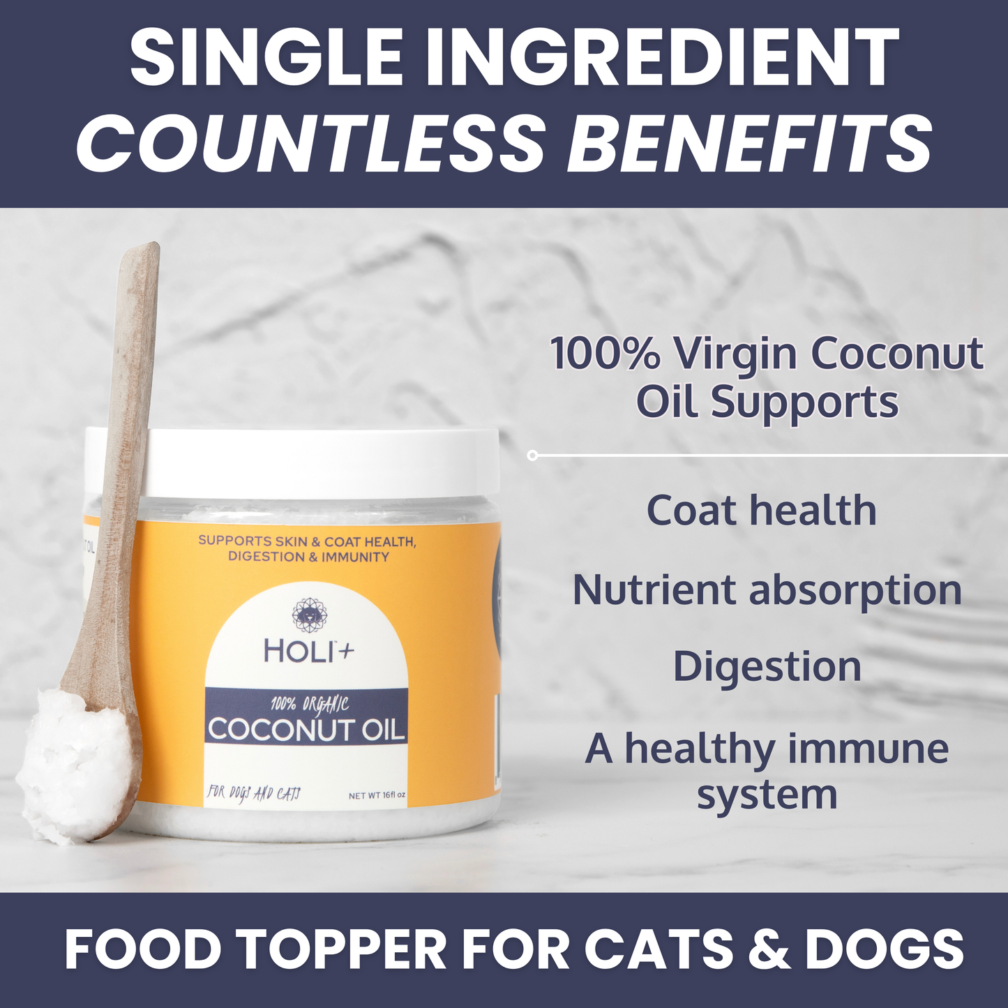 HOLI+ coconut oil container with text about benefits on a light background