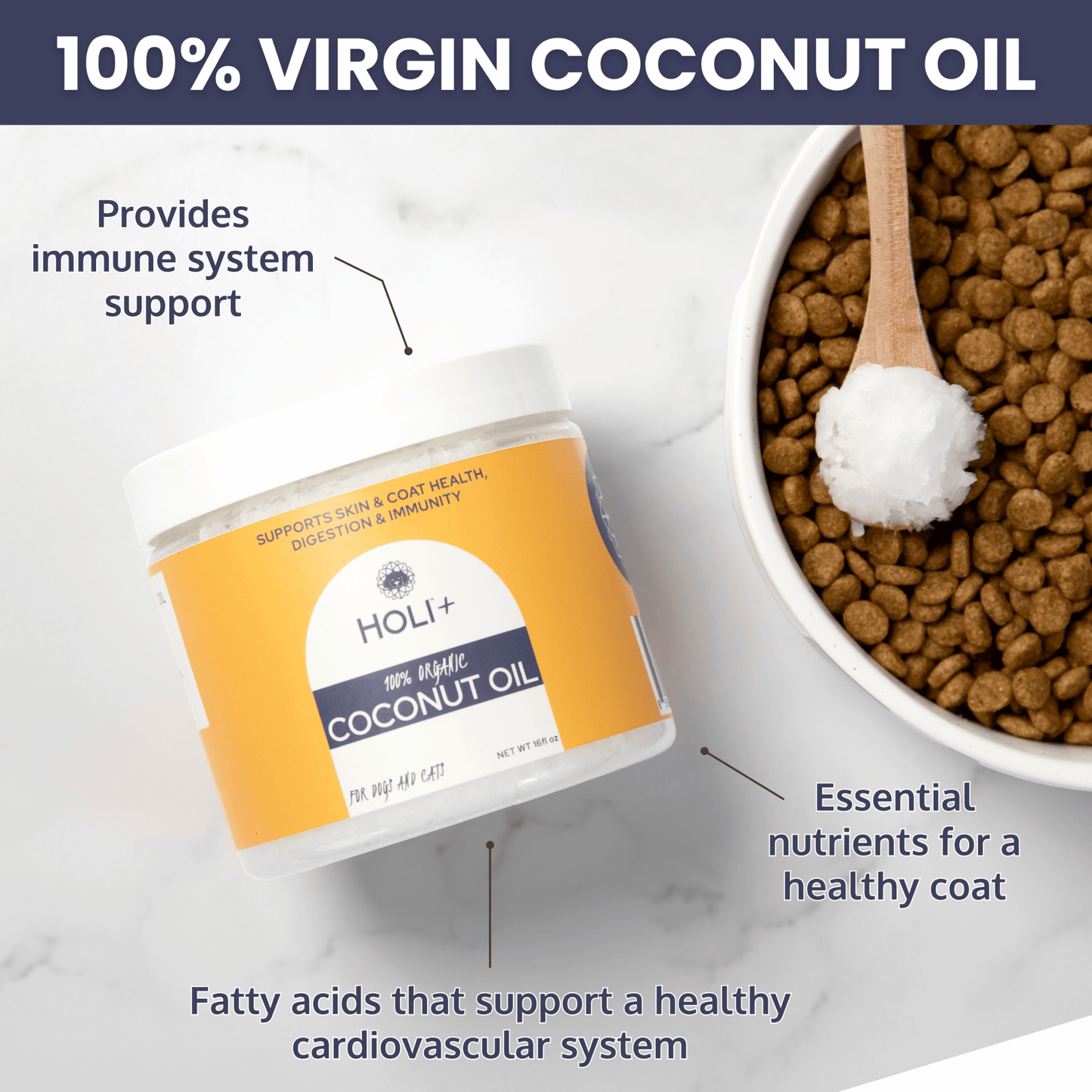 HOLI+ coconut oil jar with text highlighting benefits next to a bowl of dog food.