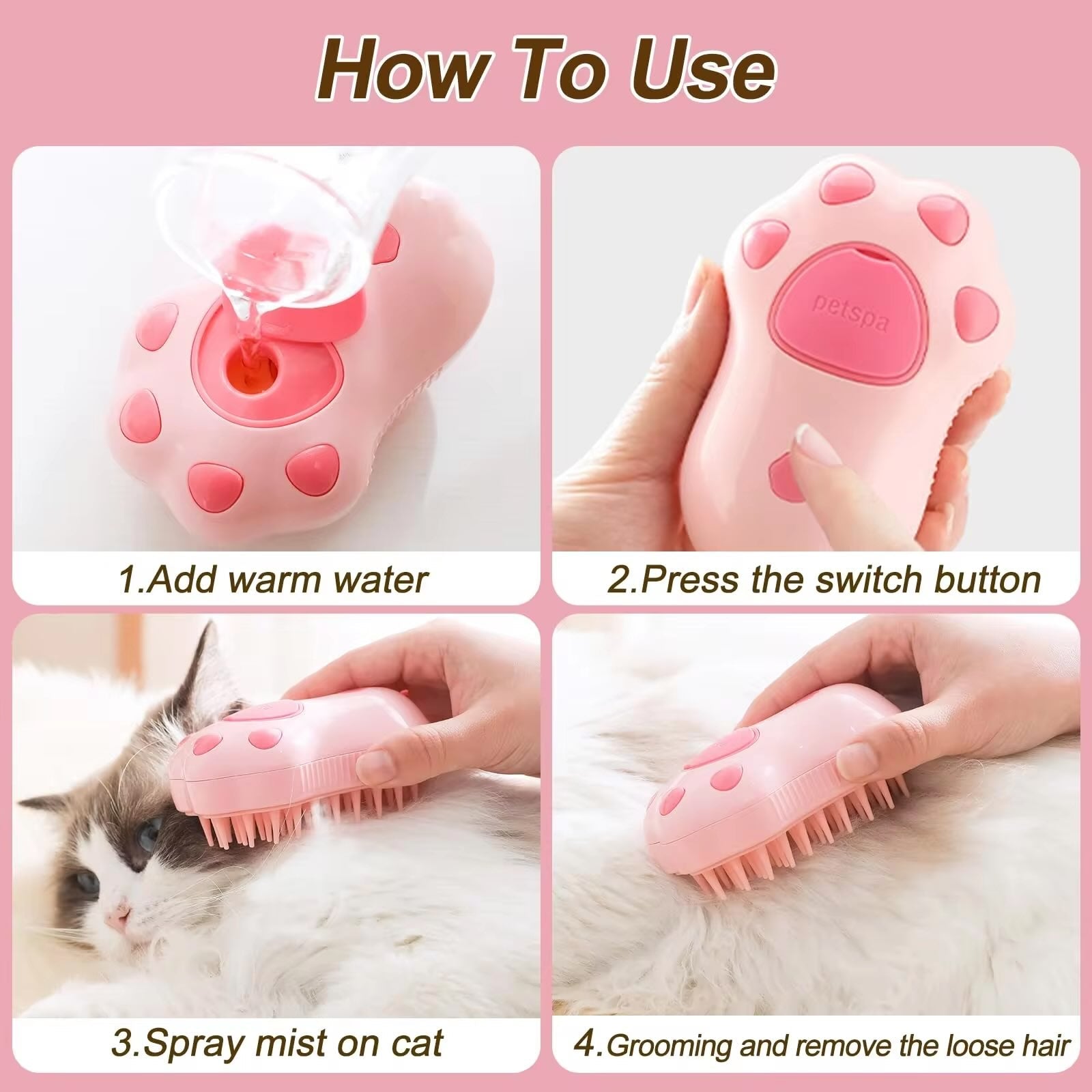 Instructions on how to use a pink pet grooming tool with images of adding water, pressing a switch, spraying mist, and grooming a cat.