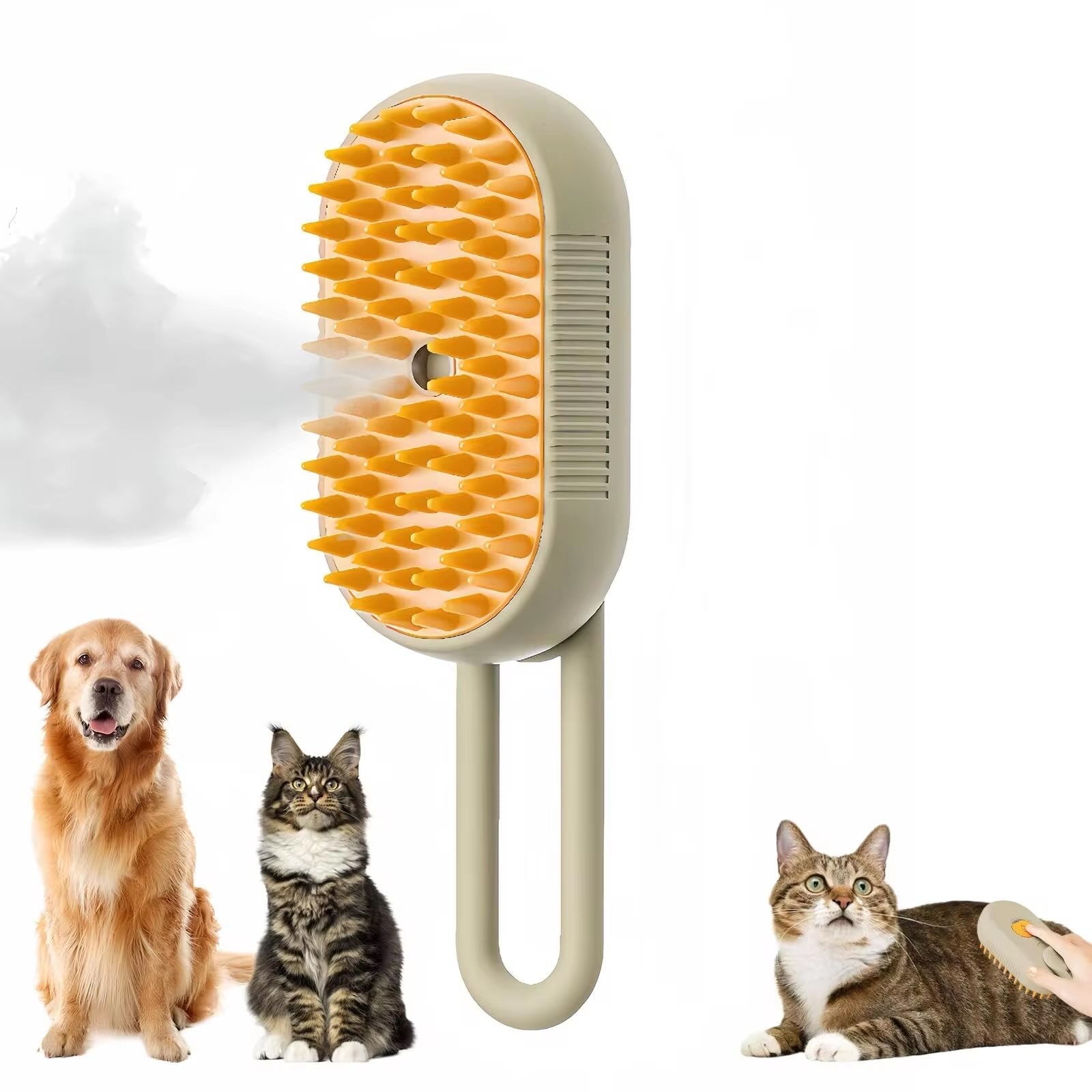 Pet grooming brush with a dog and cats on a white background