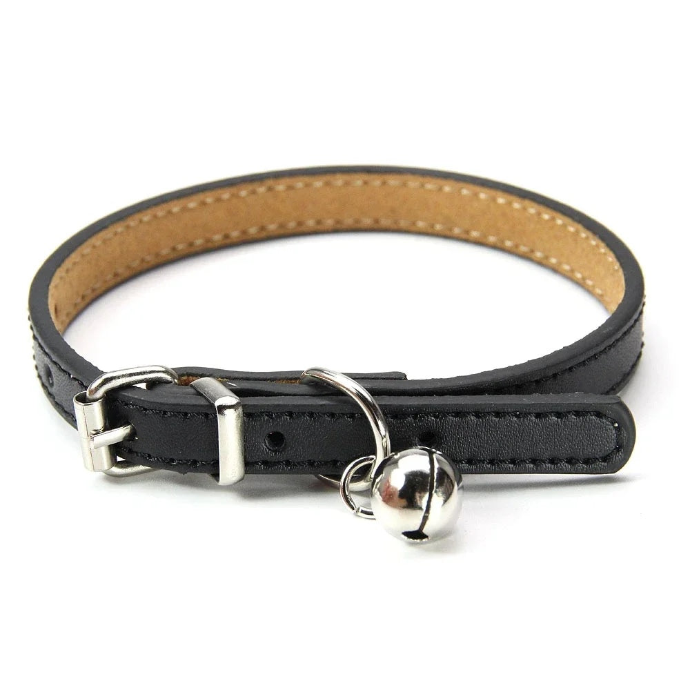 Soft Leather Cat Collar with Bell – Adjustable Kitten Accessory