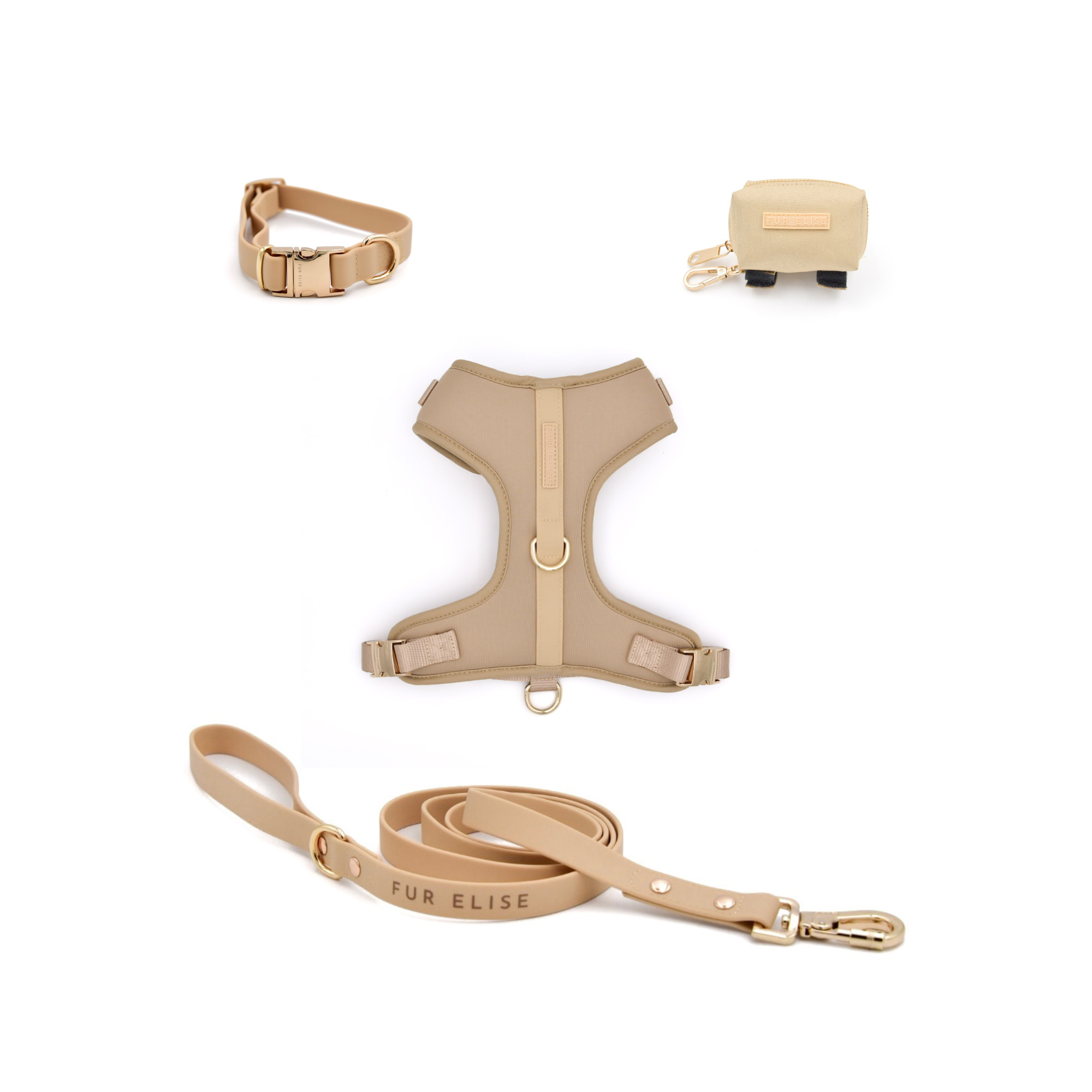 Beige dog harness, leash, and collar set on a white background