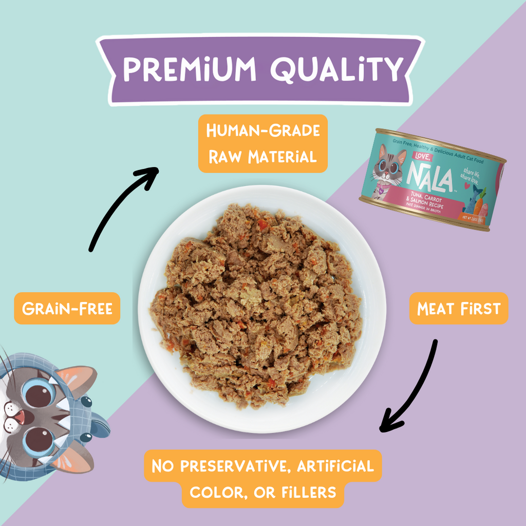 Cat food on a plate with NALA cat food can and text highlighting qualities like premium quality, human-grade raw material, grain-free, meat first, no preservatives, artificial color, or fillers.