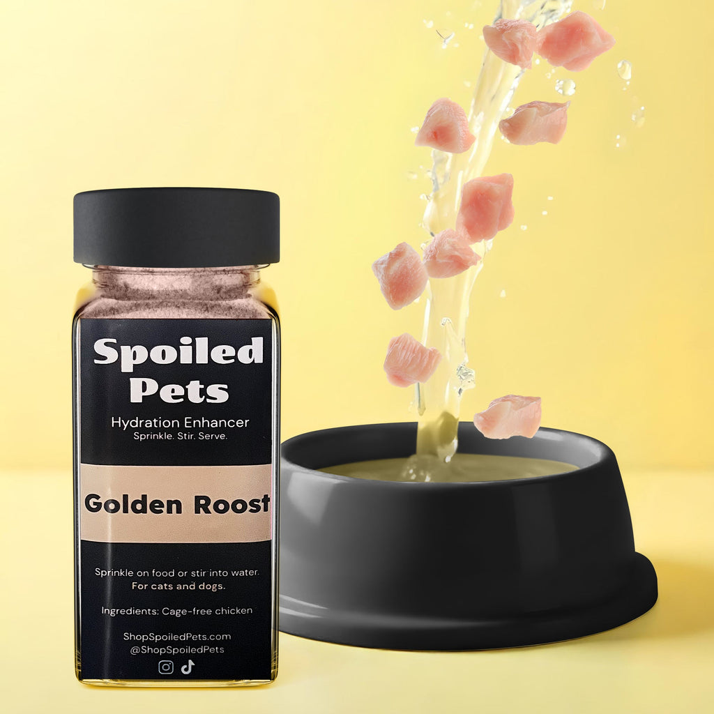 Spoiled Pets Golden Roast hydration enhancer bottle with a bowl of water and floating treats on a yellow background