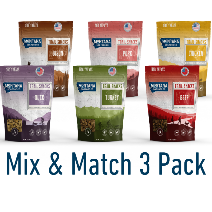 Montana Trail Snacks dog treats in various flavors with a 'Mix & Match 3 Pack' text on a white background.