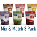 Montana Trail Snacks dog treats in various flavors with a 'Mix & Match 3 Pack' text on a white background.