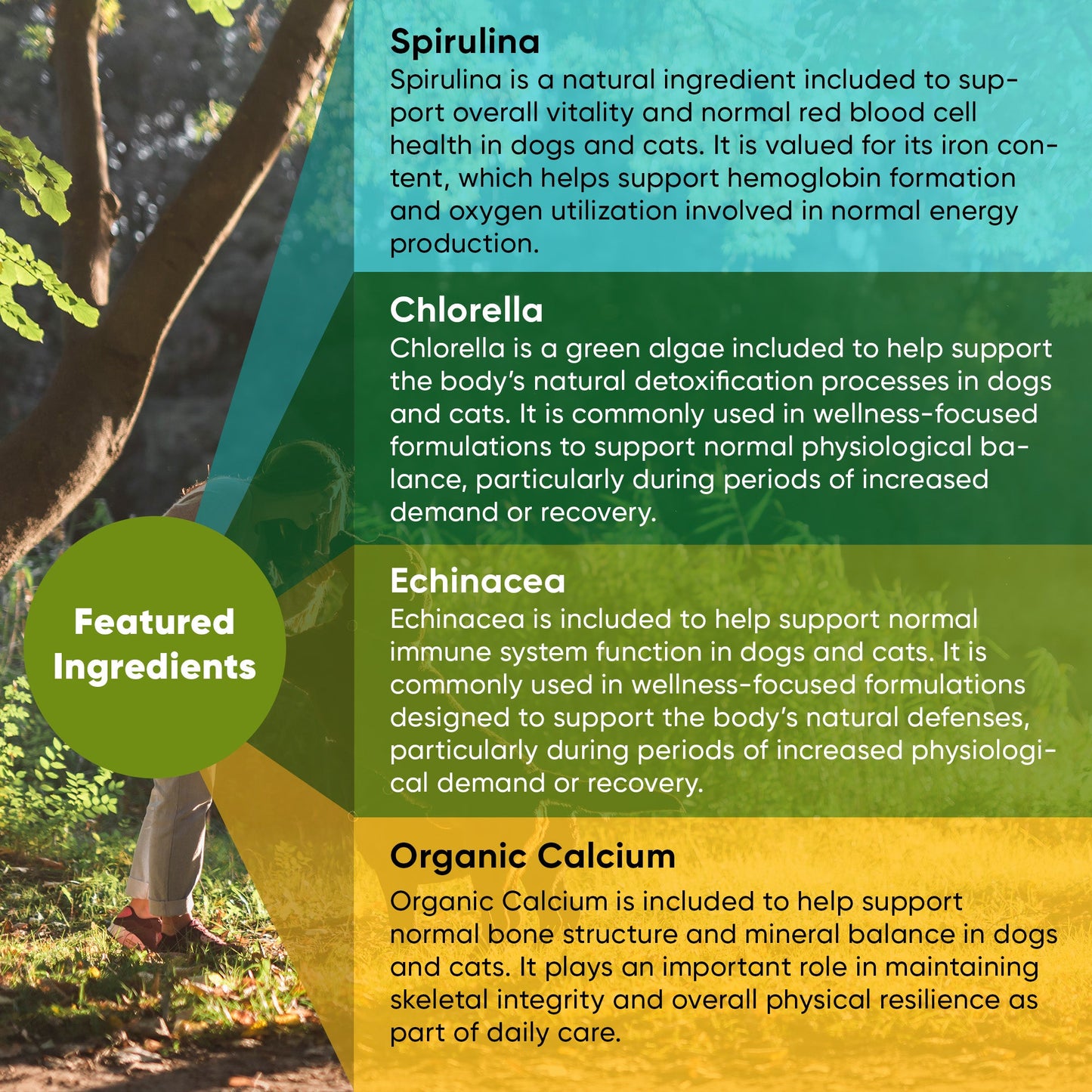 Product label with featured ingredients for dogs and cats, including Spirulina, Chlorella, Echinacea, and Organic Calcium, set against a natural background.