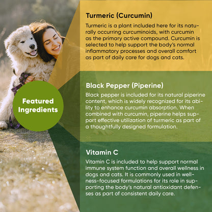 Woman holding a dog with text about turmeric, black pepper, and vitamin C as featured ingredients.