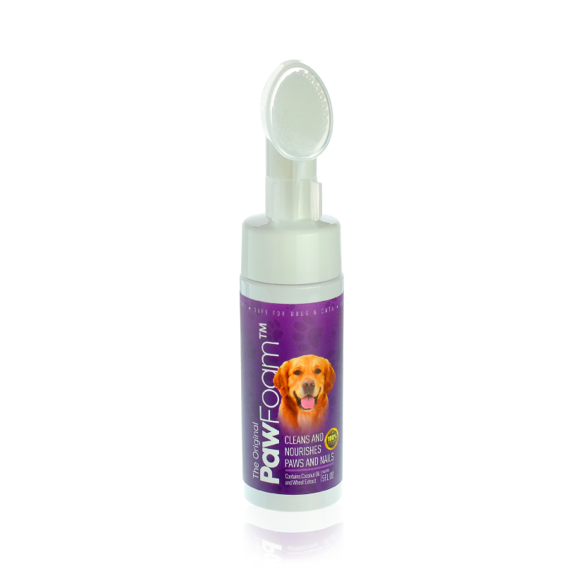 Bottle of Paw Foam with a purple label featuring a dog on a white background