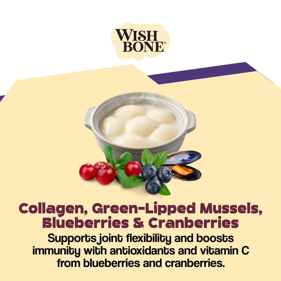 Wish Bone product with ingredients like green-lipped mussels, blueberries, and cranberries on a beige background.