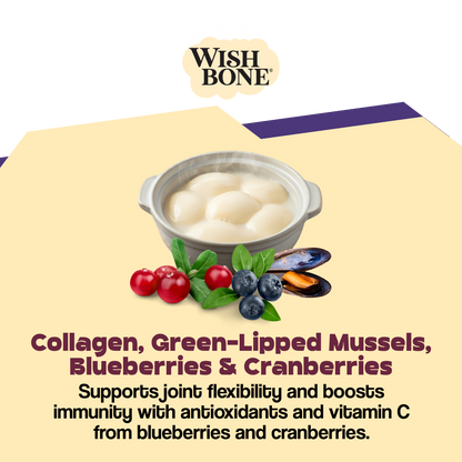 Wish Bone product with ingredients like green-lipped mussels, blueberries, and cranberries on a beige background.