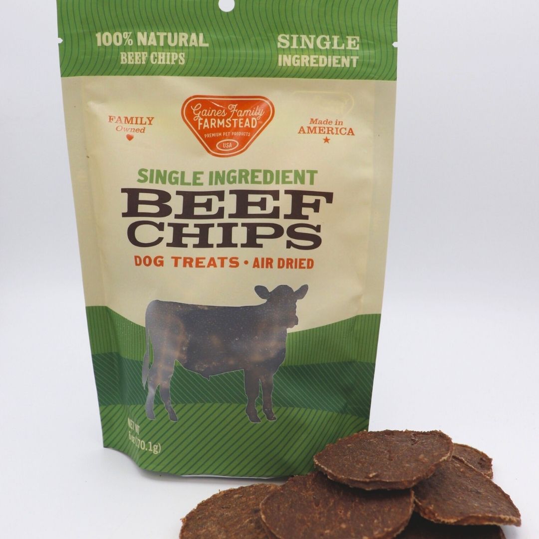 Package of Gaines Family Farmstead beef chips for dogs on a white background