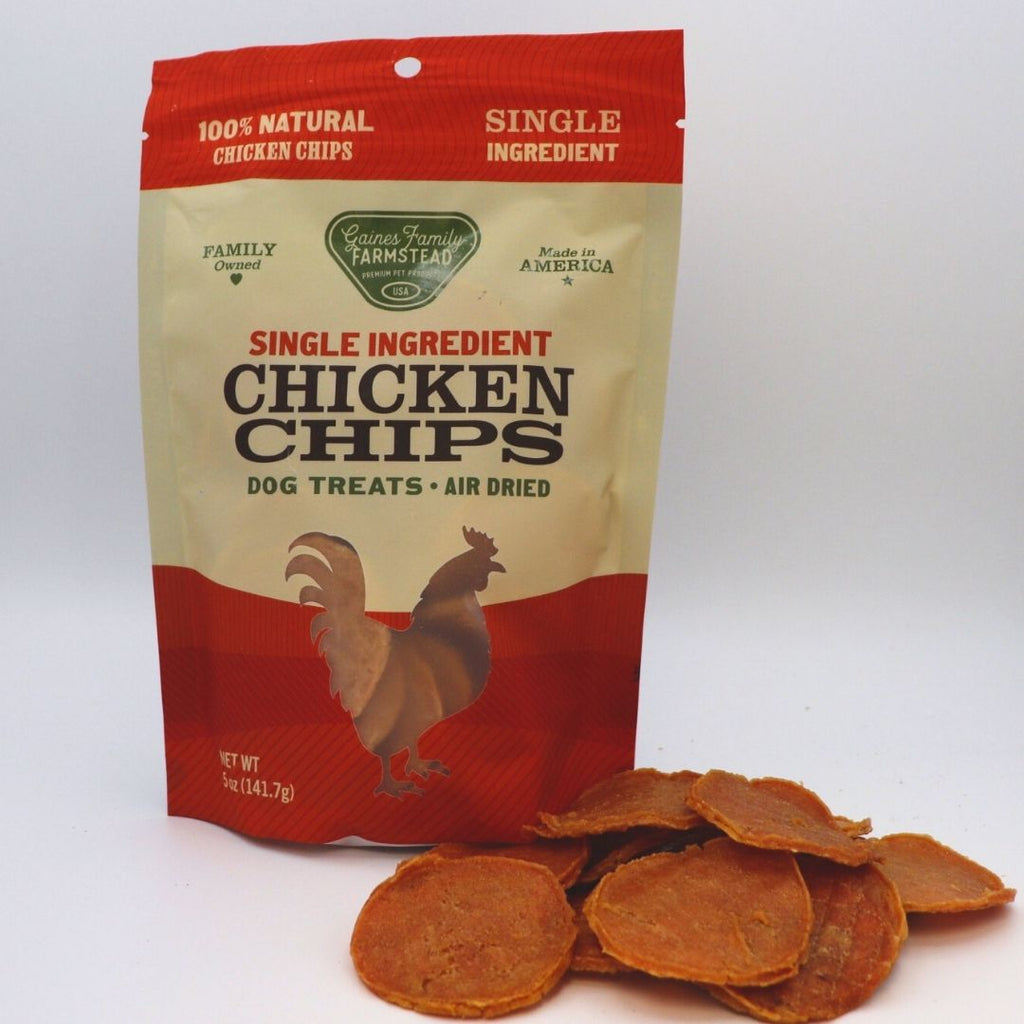 Bag of 'Single Ingredient Chicken Chips' dog treats with chicken illustration on a white background