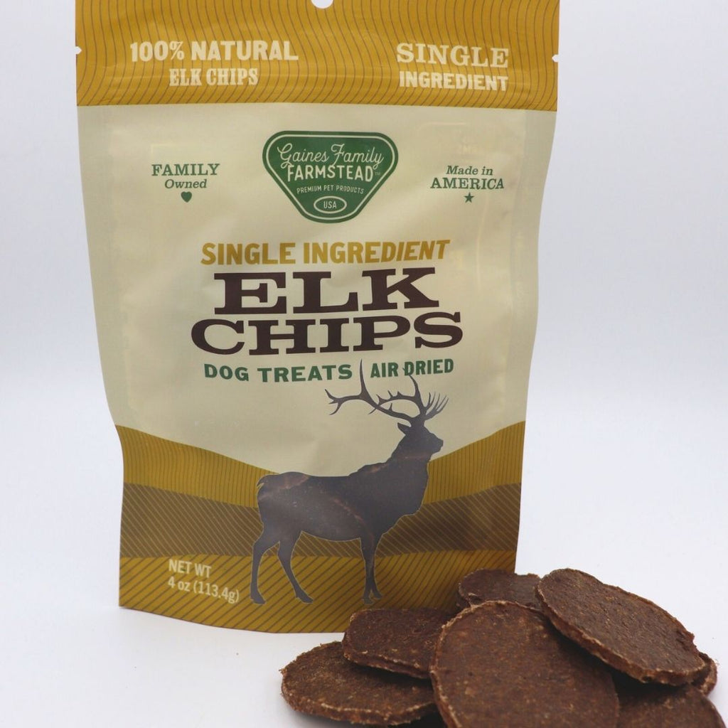 Bag of Gaine's Family Farmstead Elk Chips dog treats on a white background