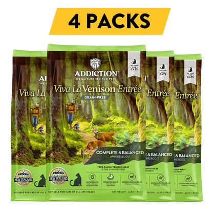 Addiction Viva La Venison Entrée cat food packages with '4 Packs' text on a white background