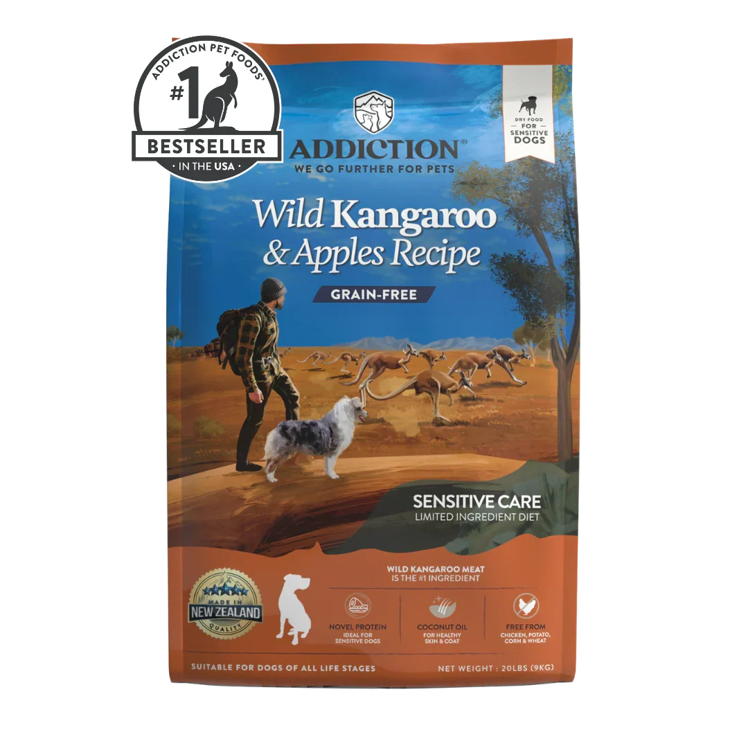 A bag of Addiction Pet Food Wild Kangaroo & Apples Recipe Sensitive Care grain-free dog food, featuring a blue and brown landscape illustration with a dog and kangaroos, and a black 'Bestseller in the USA' badge overlay.