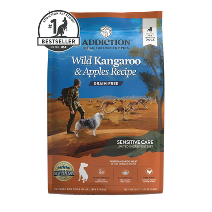 A bag of Addiction Pet Food Wild Kangaroo & Apples Recipe Sensitive Care grain-free dog food, featuring a blue and brown landscape illustration with a dog and kangaroos, and a black 'Bestseller in the USA' badge overlay.