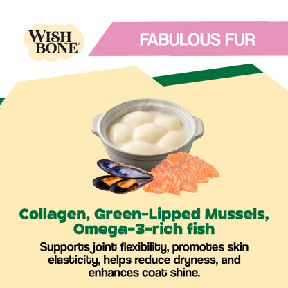 Advertisement for Wish Bone pet food with ingredients listed on a beige background