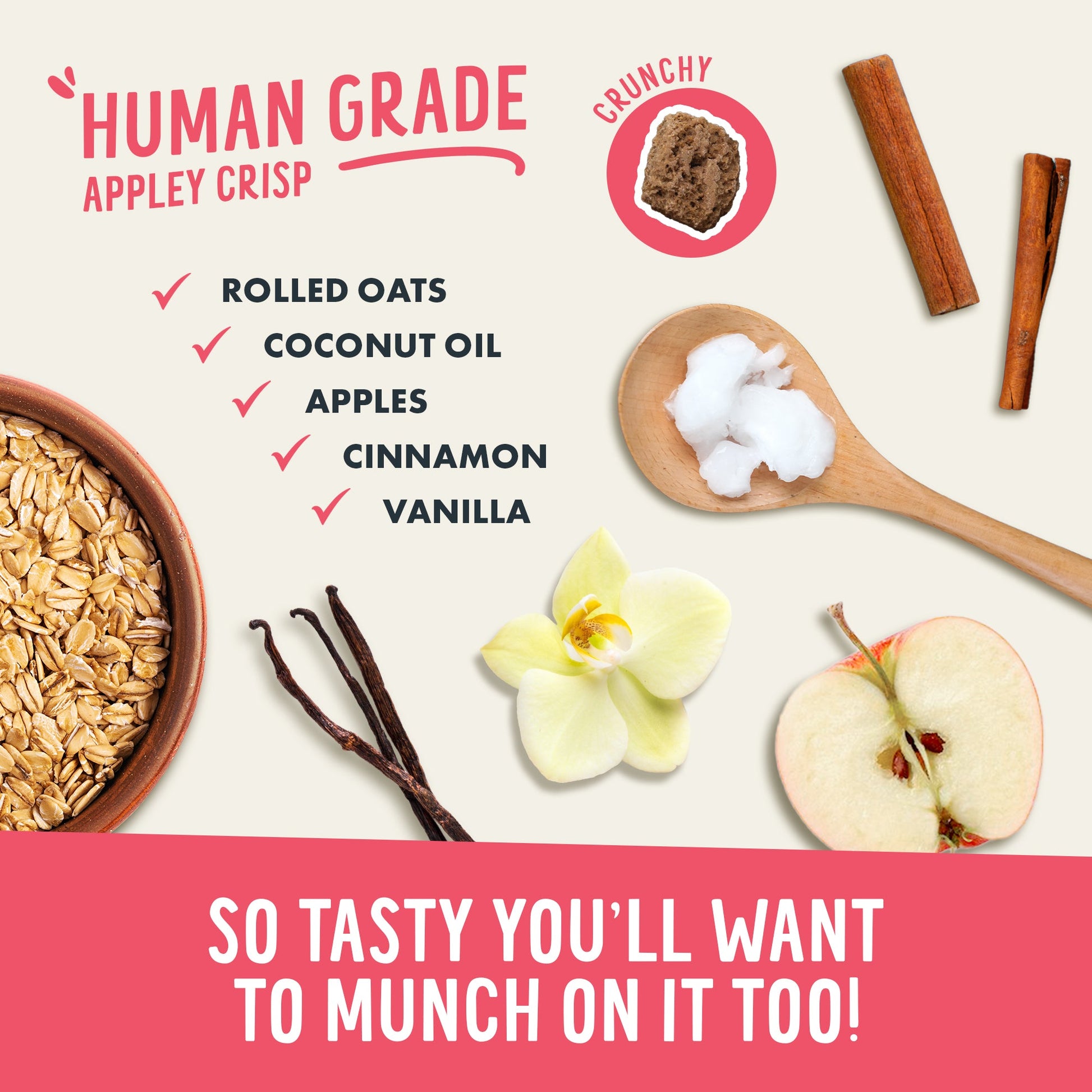 Ingredients for 'Human Grade Appley Crisp' with rolled oats, coconut oil, apples, cinnamon, and vanilla on a light background.