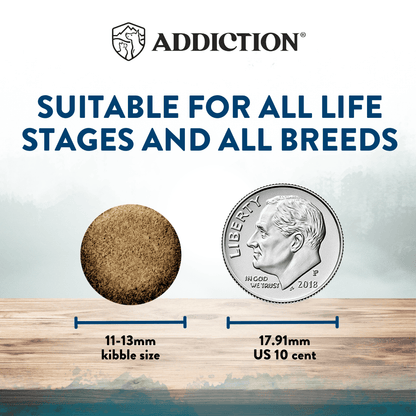Kibble size comparison with a US dime, indicating suitability for all life stages and breeds, branded as 'Addiction'.