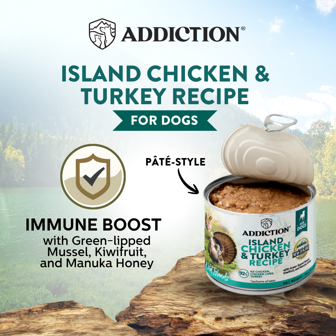 Addiction Island Chicken & Turkey Recipe for dogs can on a wooden surface with a scenic background