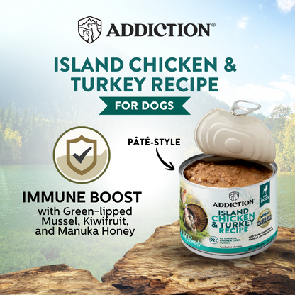 Addiction Island Chicken & Turkey Recipe for dogs can on a wooden surface with a scenic background