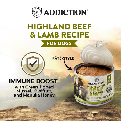 Addiction Highland Beef & Lamb Recipe for dogs can on a wooden surface with a scenic background