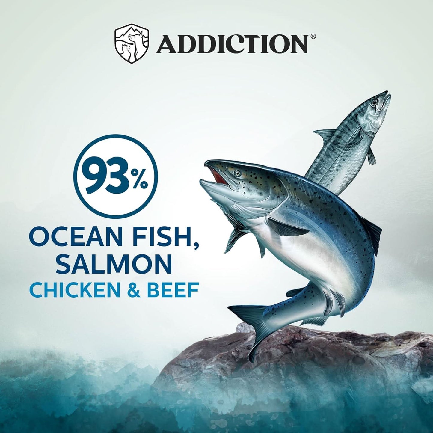Fish on a rock with 'Addiction' branding and percentage of ocean fish, salmon, chicken, and beef.