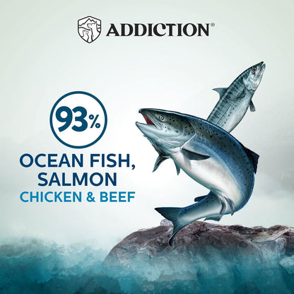 Fish on a rock with 'Addiction' branding and percentage of ocean fish, salmon, chicken, and beef.