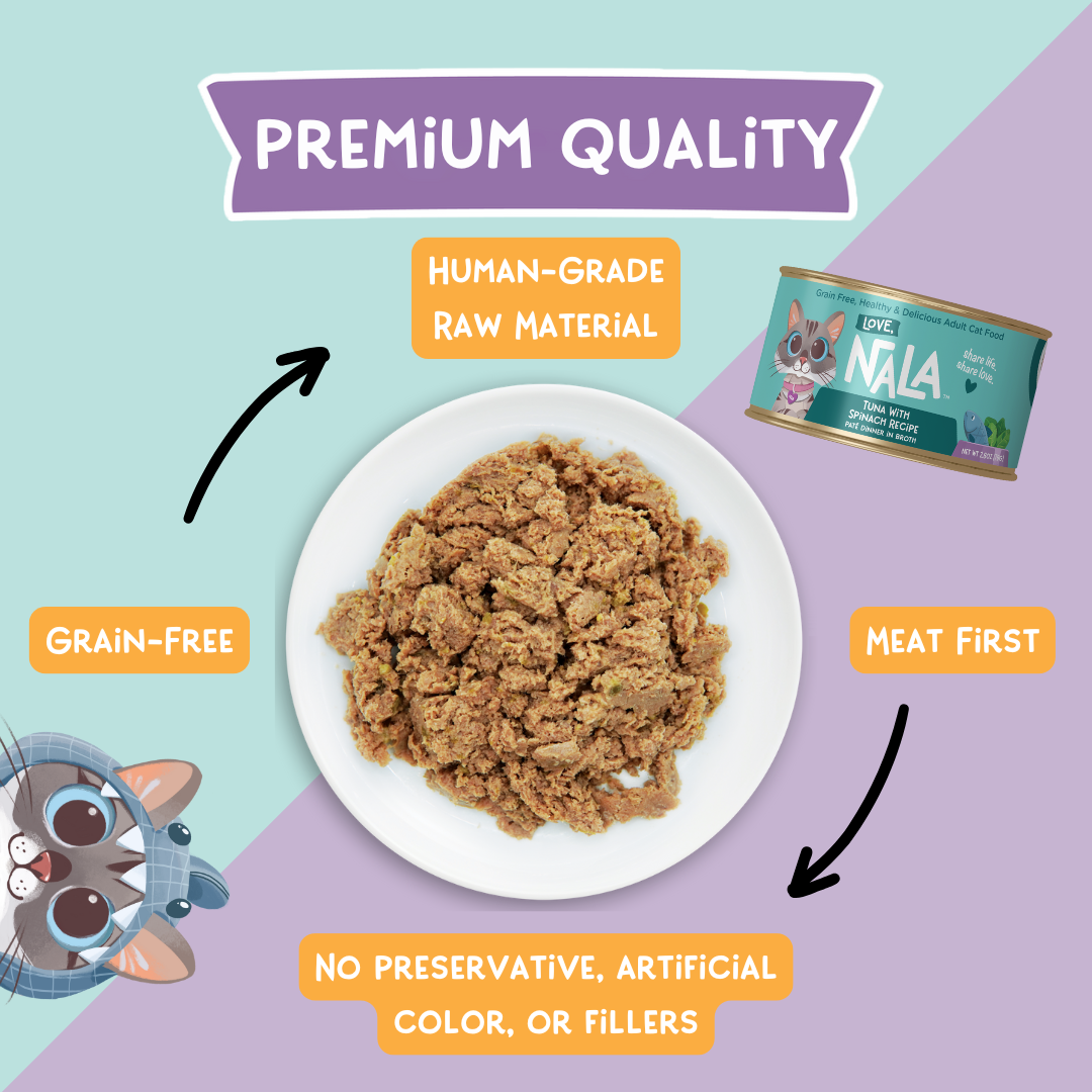 Cat food on a plate with text highlighting premium quality, human-grade raw material, grain-free, meat first, no preservatives, artificial color, or fillers.