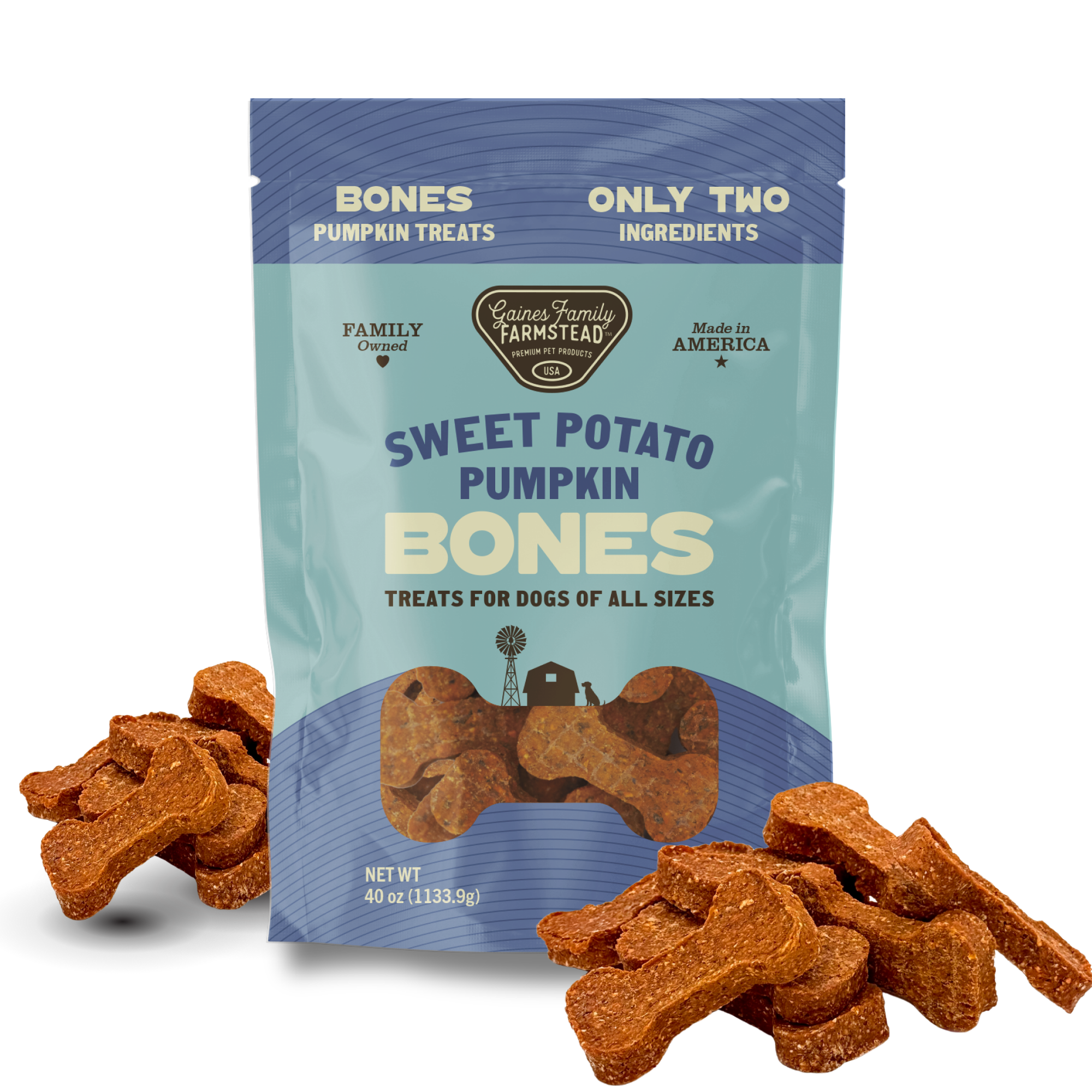 Package of 'Sweet Potato Pumpkin Bones' dog treats with treats displayed in front