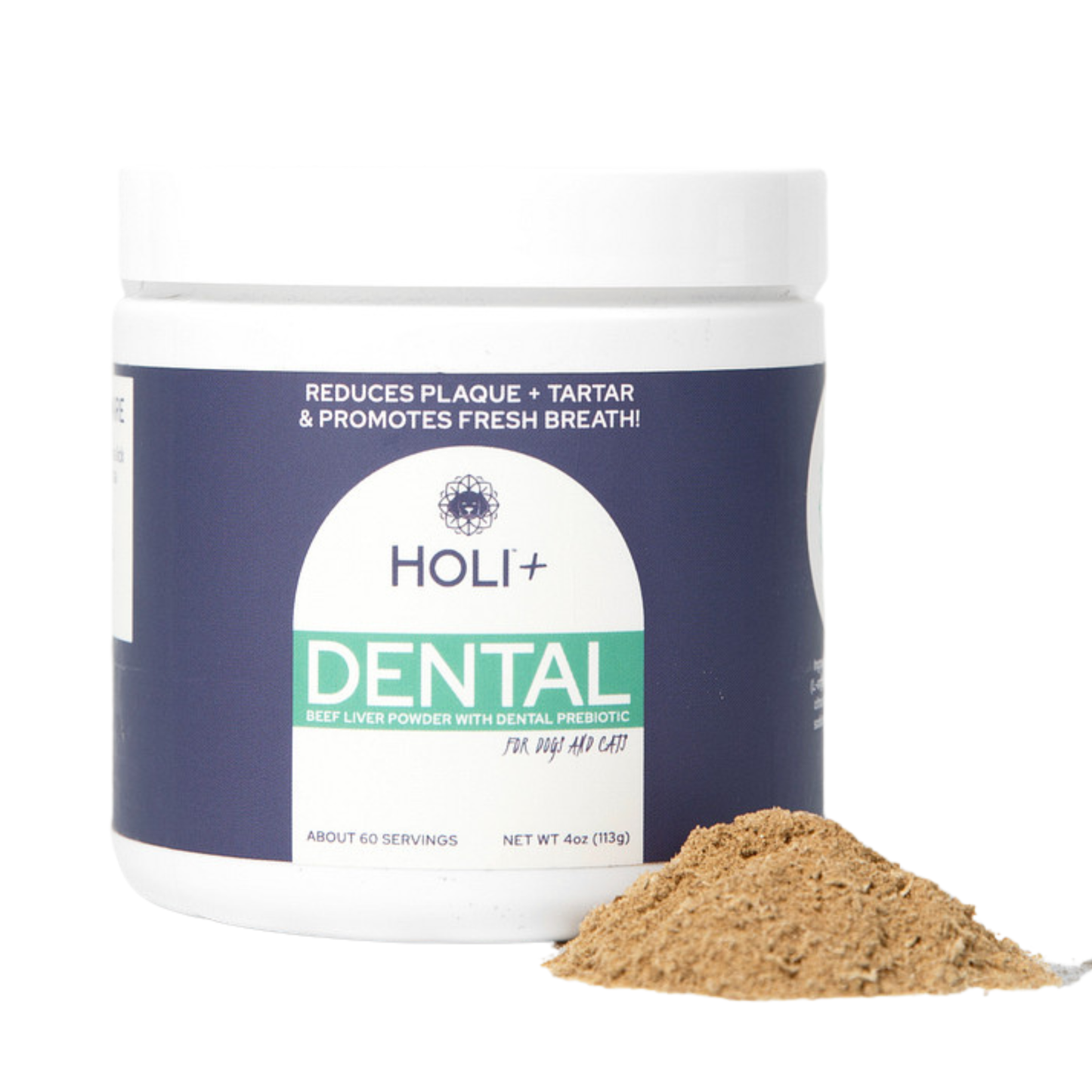 HOLI+ Dental powder container with powder spilling out on a white background