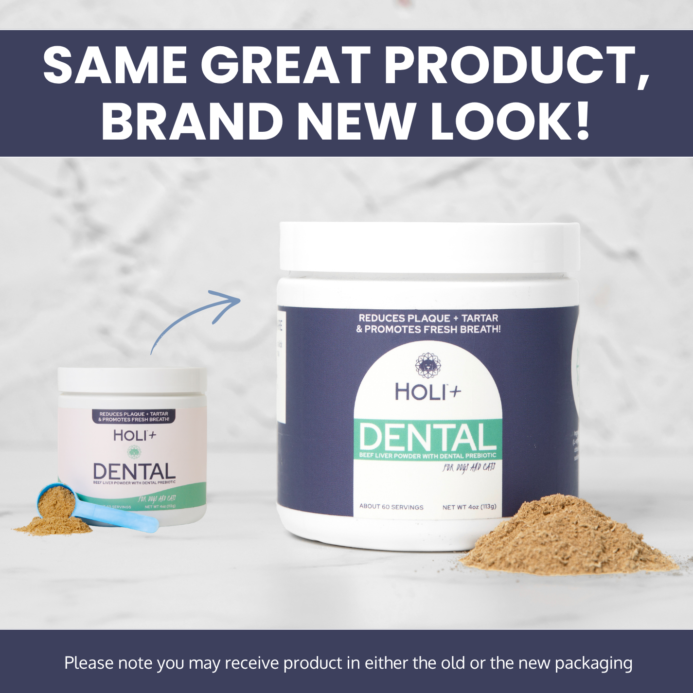 HOLI+ Dental product with text 'Same great product, brand new look!' on a light background