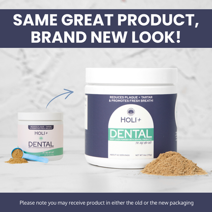 HOLI+ Dental product with text 'Same great product, brand new look!' on a light background
