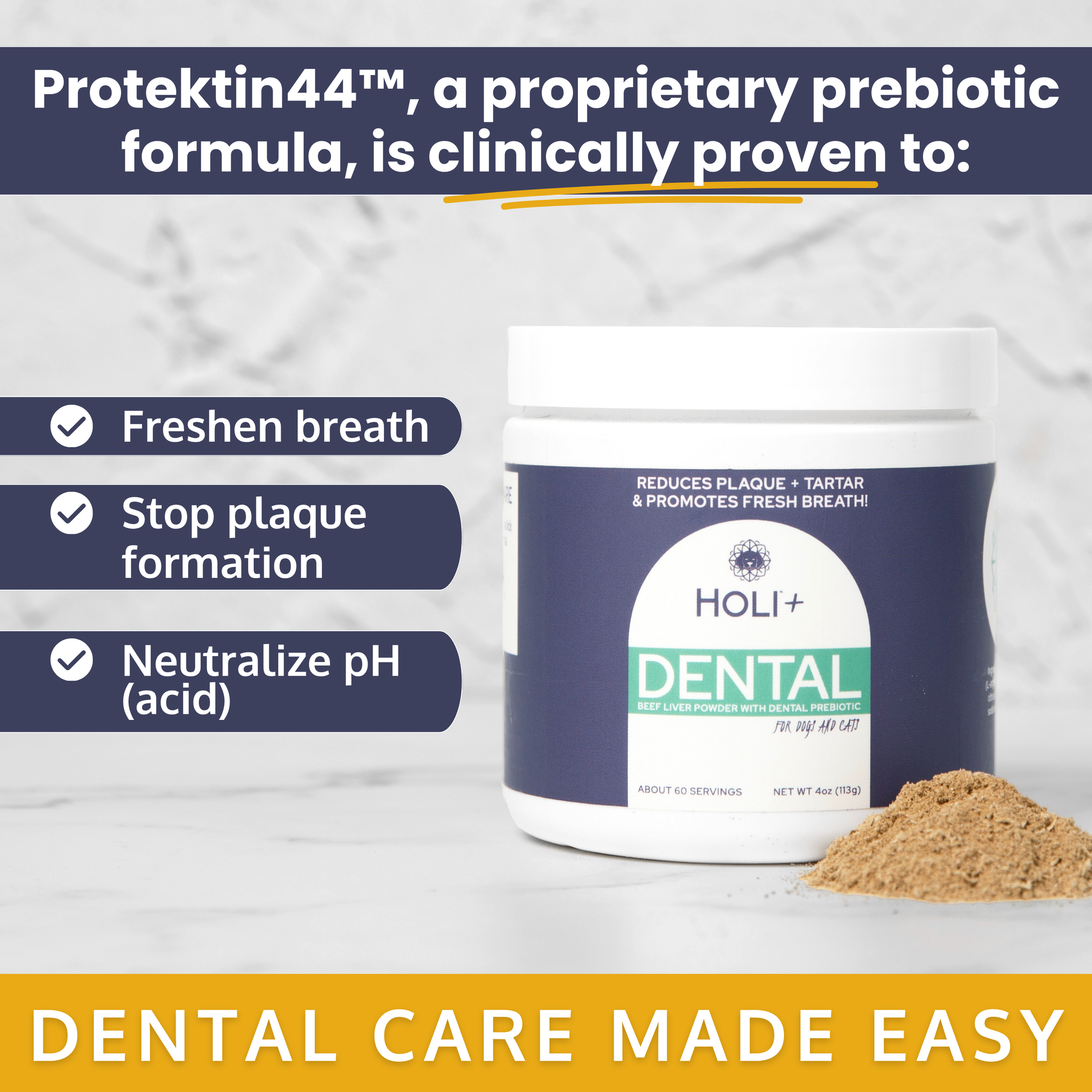 HOLI+ Dental product with text highlighting benefits on a white background