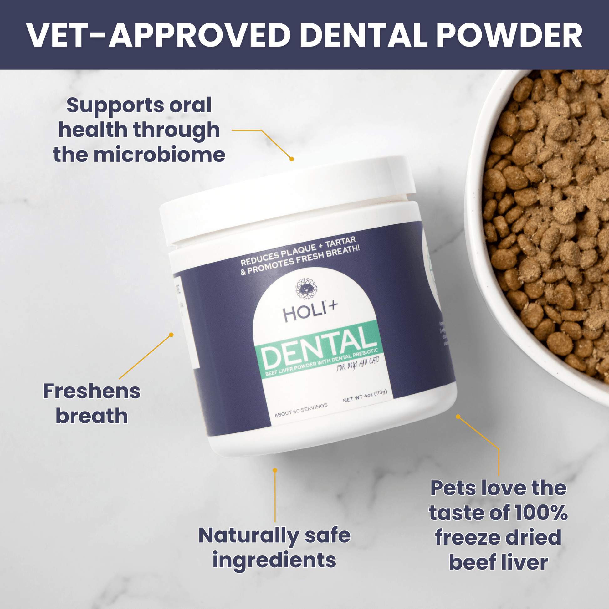 HOLI+ Dental powder container with text highlighting benefits on a white background