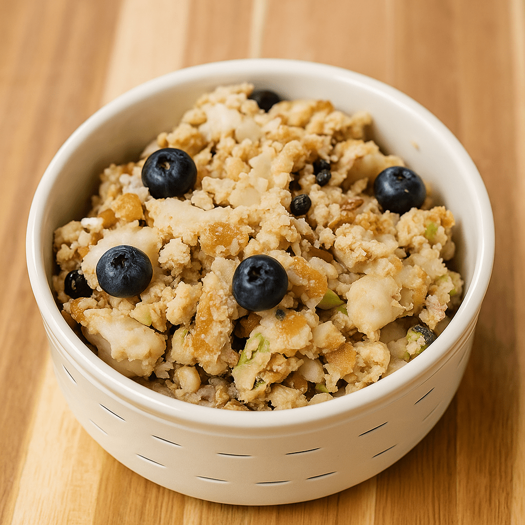 White bowl filled with a grain-based dish topped with blueberries on a wooden surface