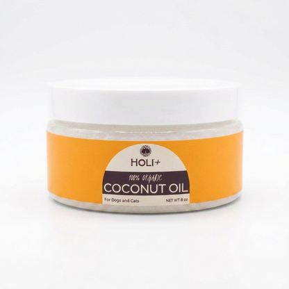 Jar of Holi+ coconut oil for dogs and cats on a white background