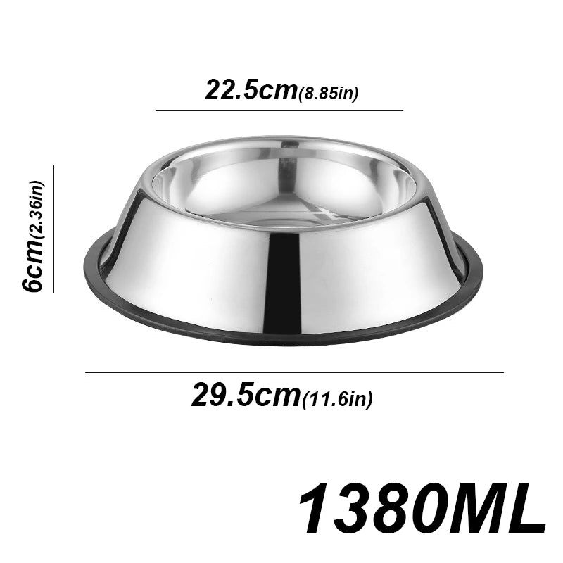 Stainless steel dog bowl with dimensions and capacity label on a white background