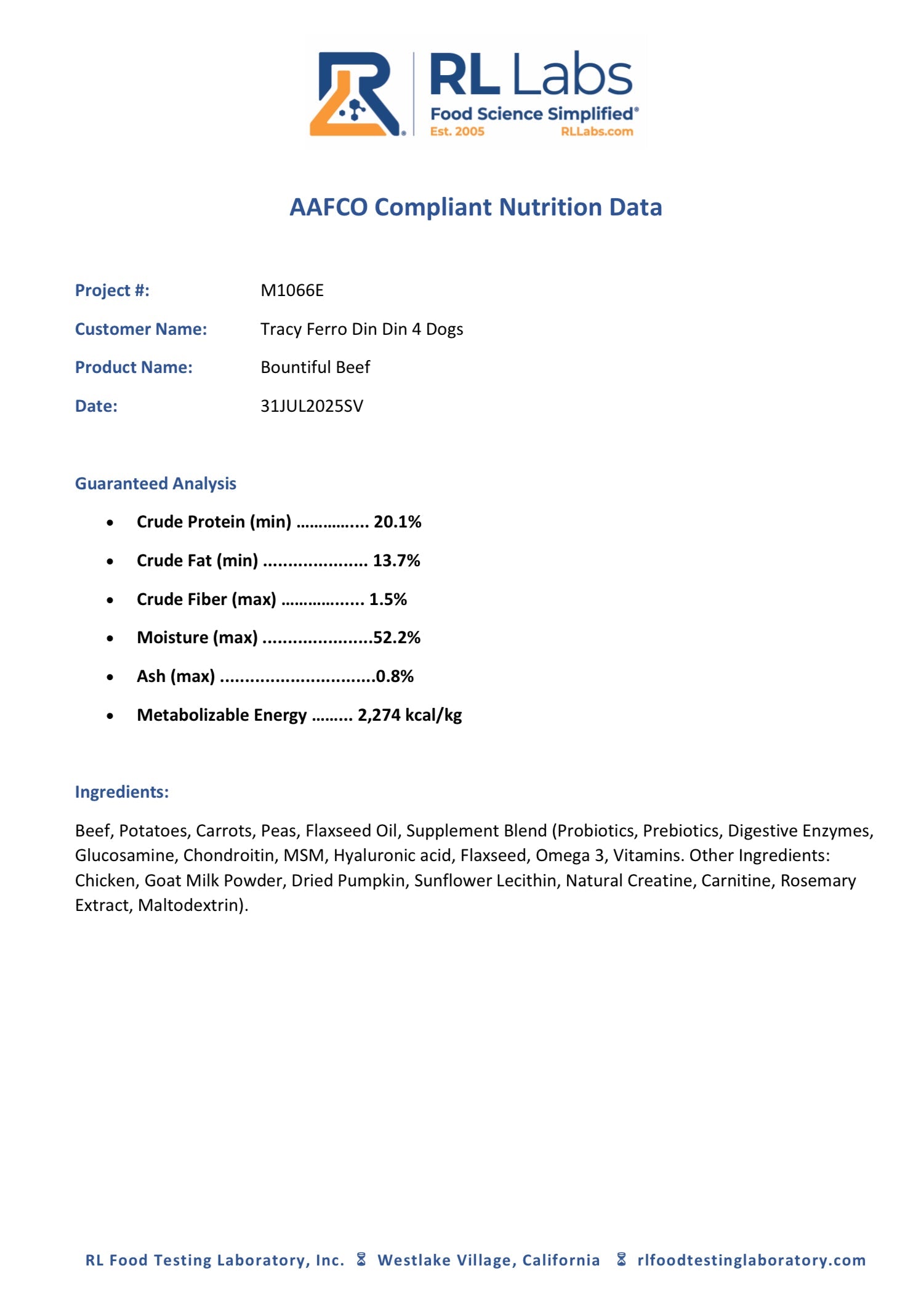 Nutrition data sheet for a beef product with RL Labs branding